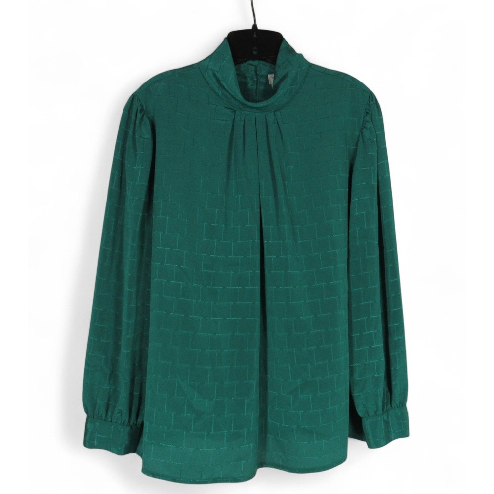 VTG TAN JAY Green SATIN Button-Back HIGH NECK Plaid PLEATED Blouse/Top Sz 12
